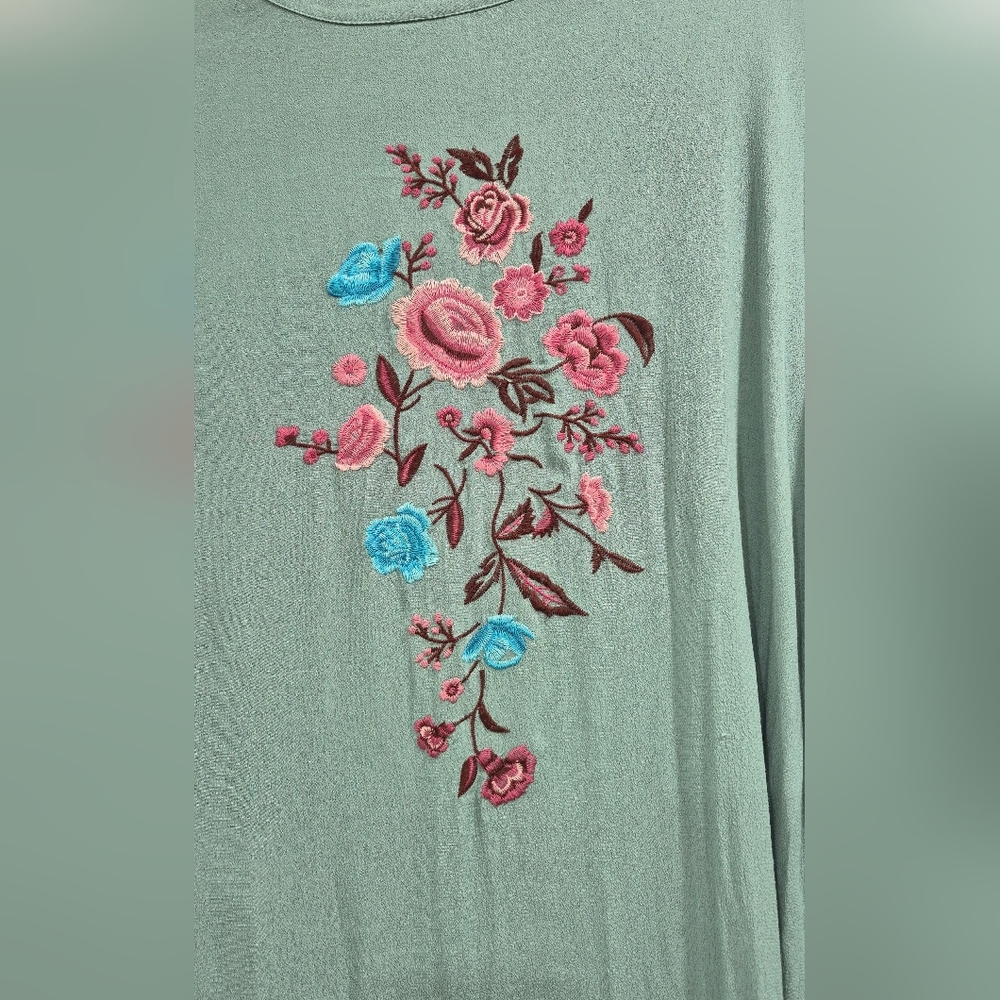 Sage Green Floral Embroidered 100% Rayon Belted Kimono Size S - Picture 4 of 8
